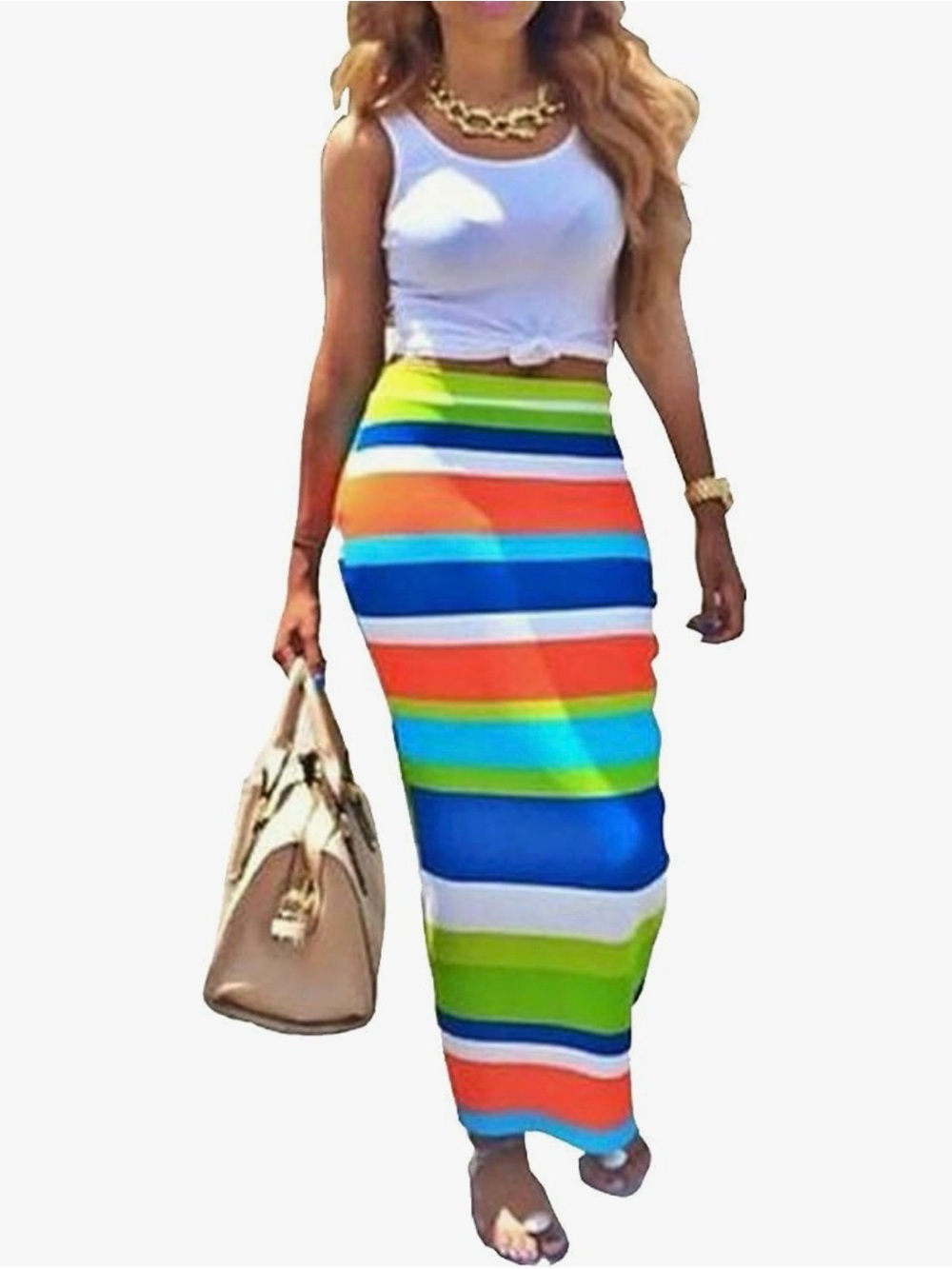 Striped Multicolor Maxi Skirt and white tank set